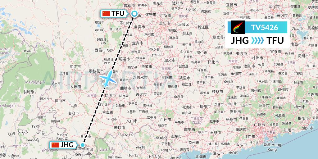 TV5426 Tibet Airlines Flight Map: Jinghong to Chengdu