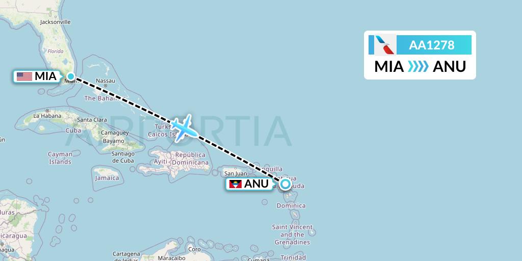 AA1278 American Airlines Flight Map: Miami to Antigua