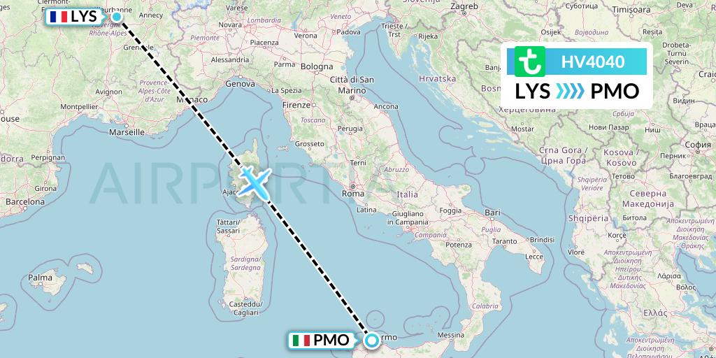 HV4040 Transavia Flight Map: Lyon to Palermo