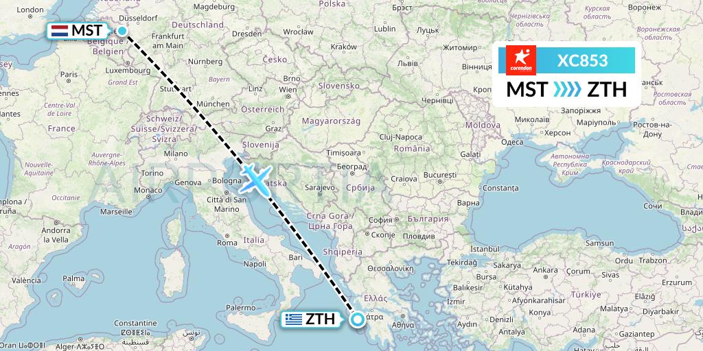XC853 Corendon Airlines Flight Map: Maastricht to Zakynthos