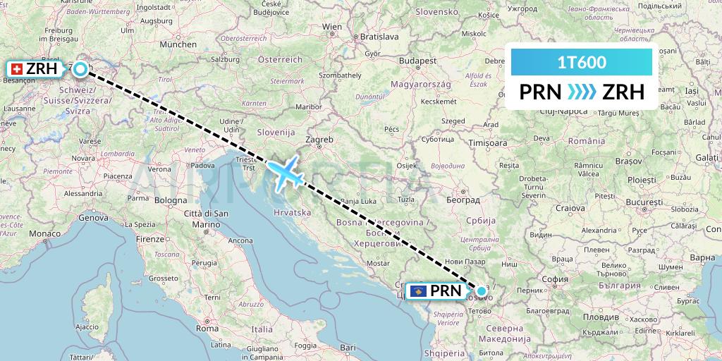 1T600 Russian Sky Flight Map: Pristina to Zurich
