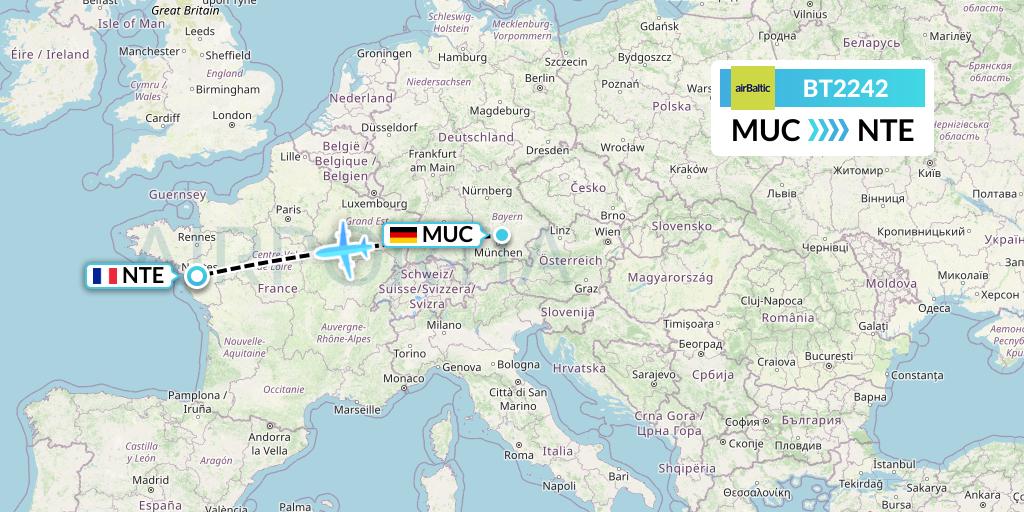 BT2242 Air Baltic Flight Map: Munich to Nantes