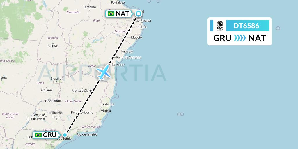 DT6586 TAAG Angola Airlines Flight Map: Sao Paulo to Natal