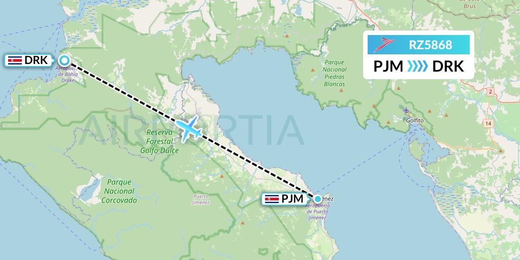 RZ5868 Sansa Airlines Flight Map: Puerto Jimenez to Agujitas de Drake
