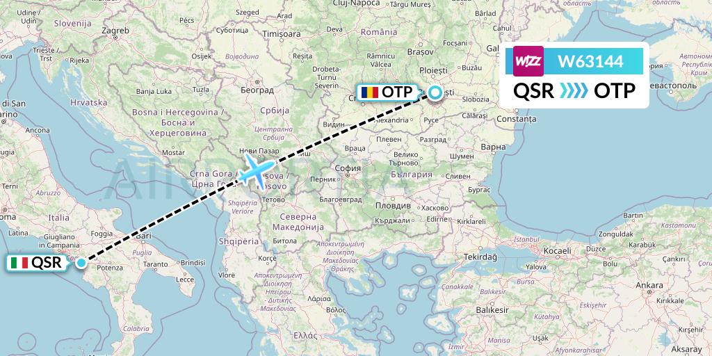 W63144 Wizz Air Flight Map: Salerno to Bucharest