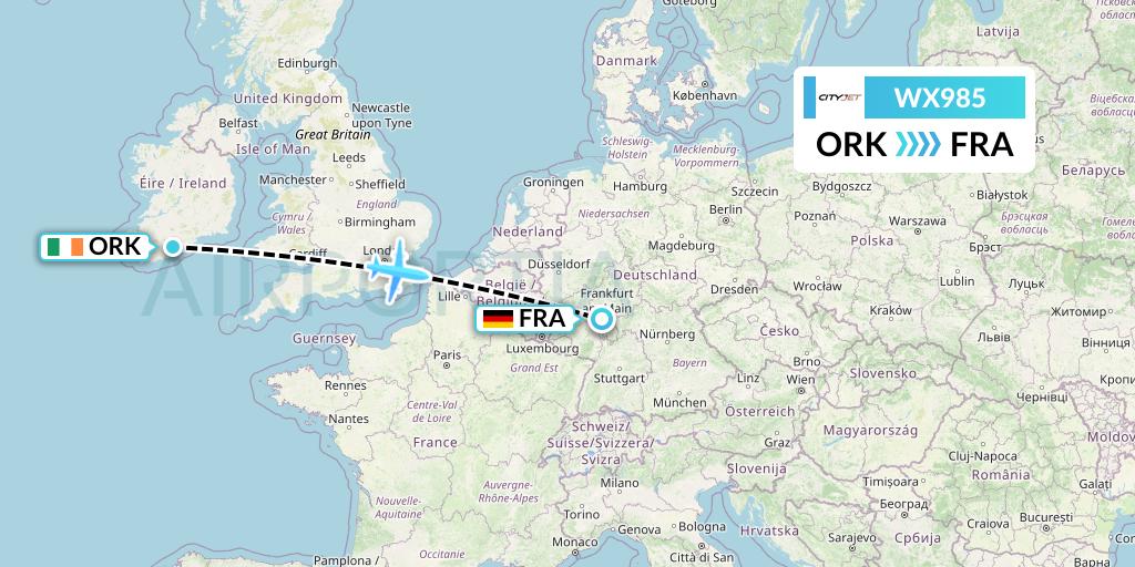 WX985 Cityjet Flight Map: Cork to Frankfurt