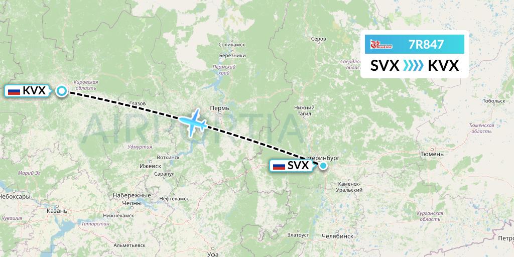 7R847 Rusline Flight Map: Yekaterinburg to Kirov