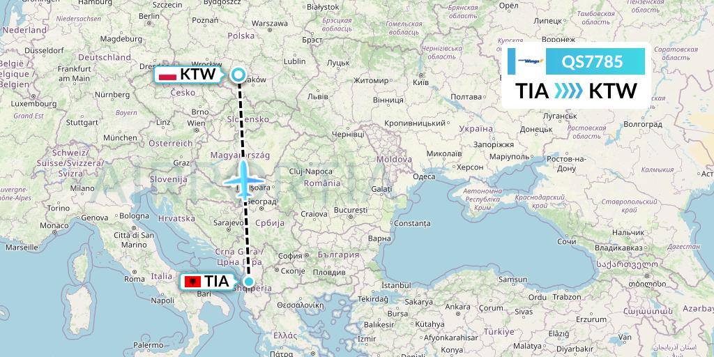 QS7785 Smartwings Flight Map: Tirana to Katowice