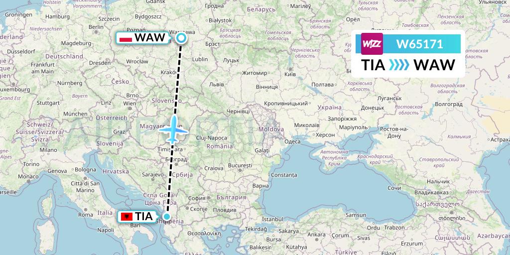 W65171 Wizz Air Flight Map: Tirana to Warsaw