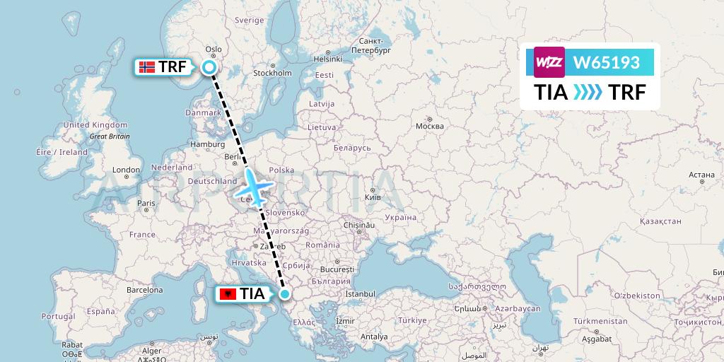 W65193 Wizz Air Flight Map: Tirana to Oslo