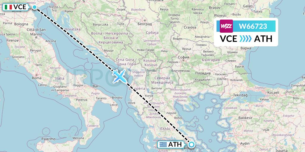 W66723 Wizz Air Flight Map: Venice to Athens
