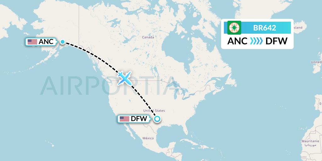 BR642 EVA Air Flight Map: Anchorage to Dallas