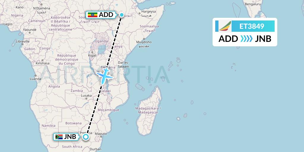 ET3849 Ethiopian Airlines Flight Map: Addis Ababa to Johannesburg