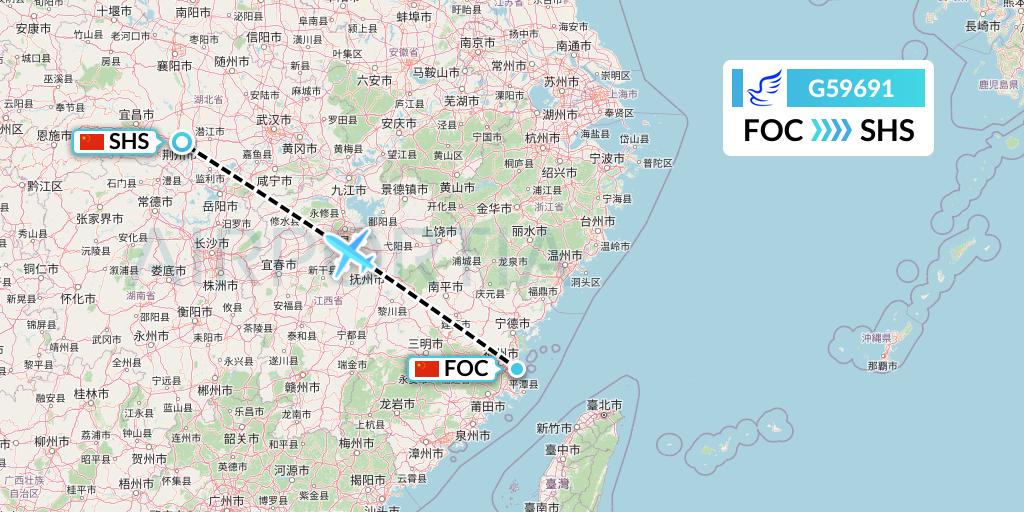 G59691 China Express Airlines Flight Map: Fuzhou to Shashi