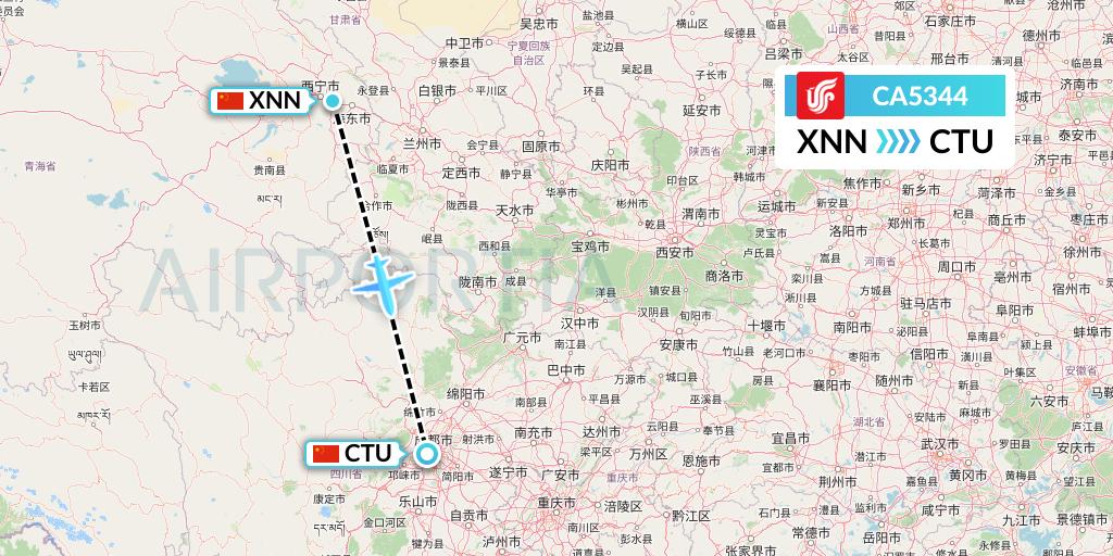 CA5344 Air China Flight Map: Xining to Chengdu