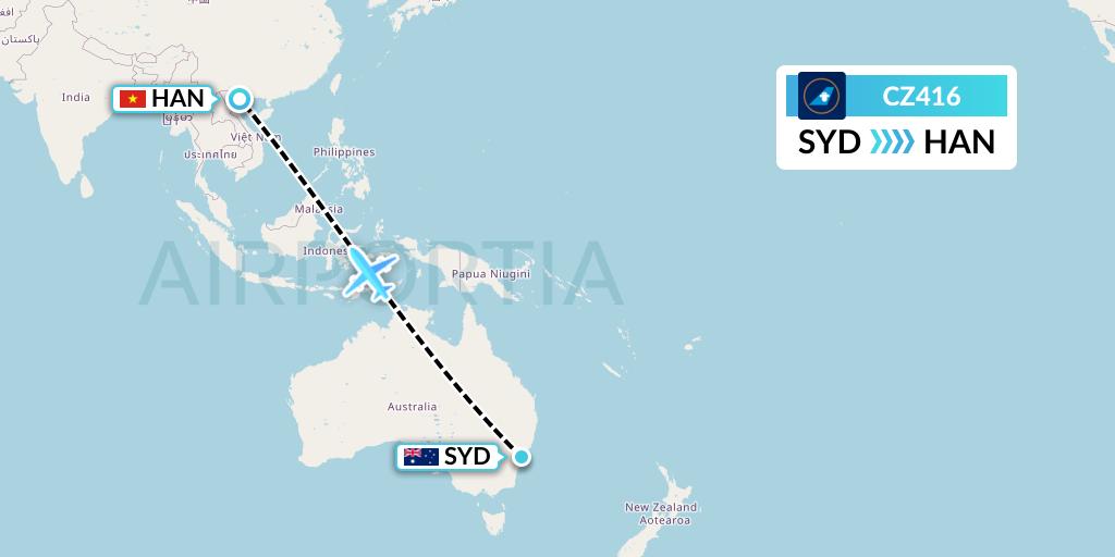 CZ416 China Southern Airlines Flight Map: Sydney to Hanoi