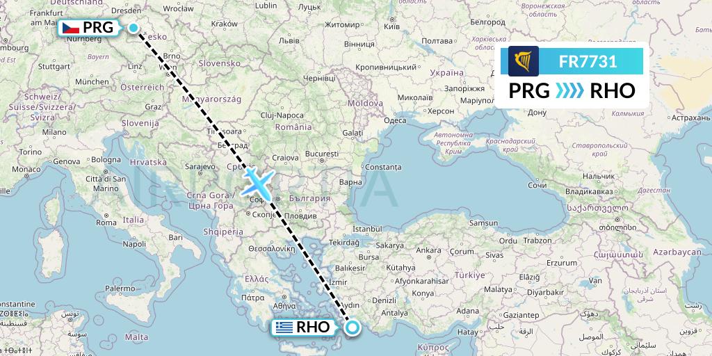 FR7731 Ryanair Flight Map: Prague to Rhodes