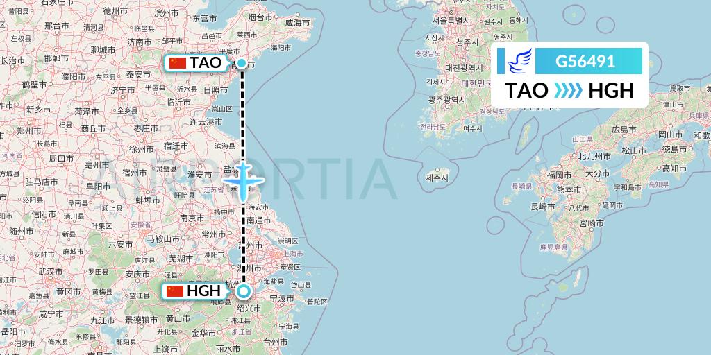 G56491 China Express Airlines Flight Map: Qingdao to Hangzhou