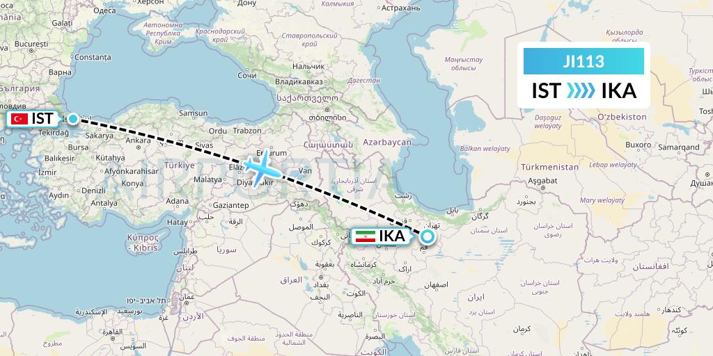 JI113 Armenian Airlines Flight Map: Istanbul to Tehran