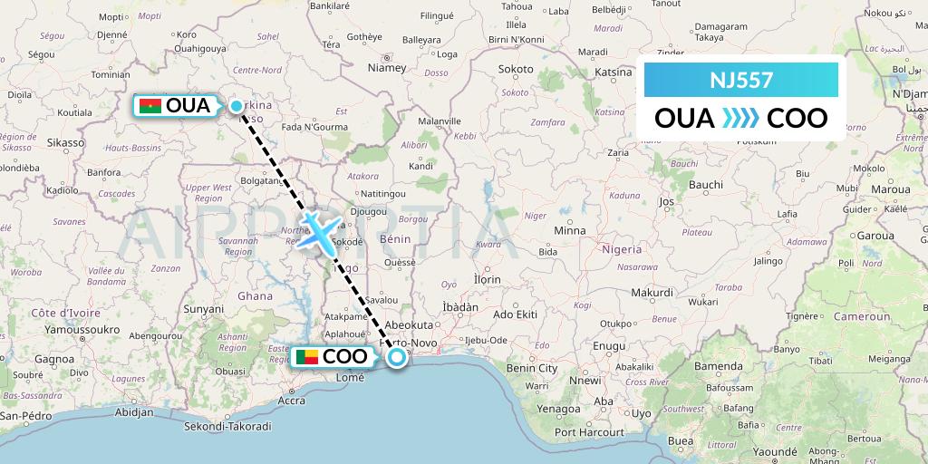NJ557 Ghadames Air Transport Flight Map: Ouagadougou to Cotonou