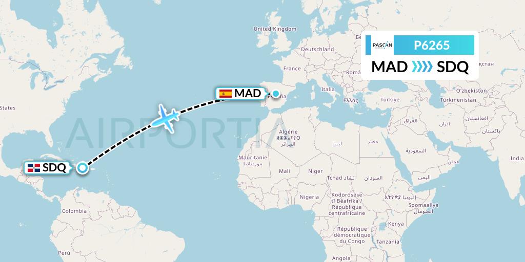P6265 Pascan Aviation Flight Map: Madrid to Santo Domingo