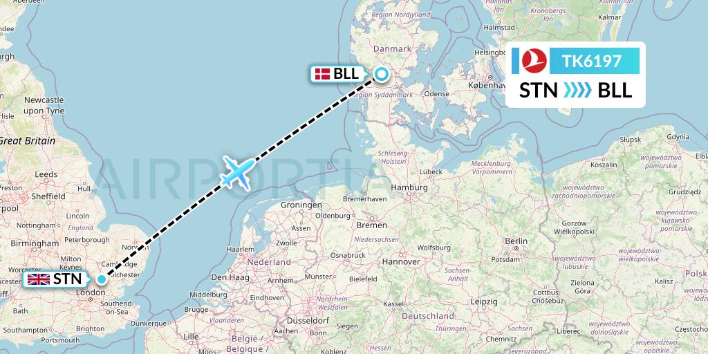 TK6197 Turkish Airlines Flight Map: London to Billund