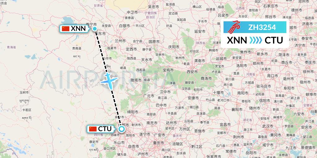 ZH3254 Shenzhen Airlines Flight Map: Xining to Chengdu