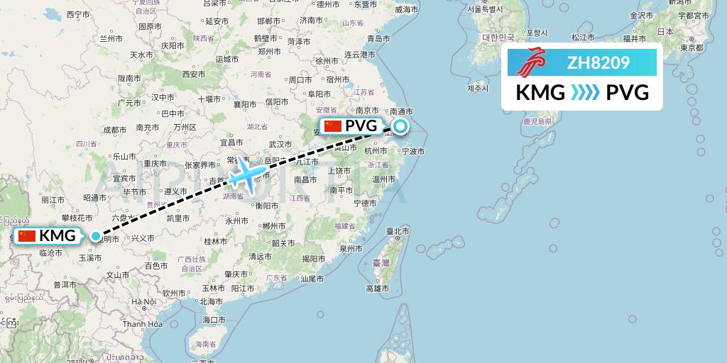 ZH8209 Shenzhen Airlines Flight Map: Kunming to Shanghai