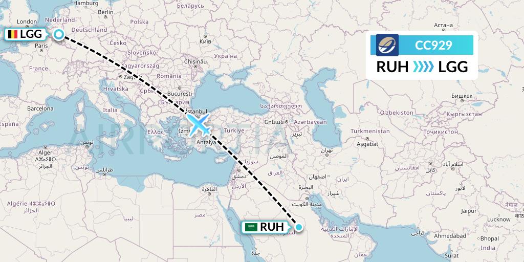 CC929 CM Airlines Flight Map: Riyadh to Liege