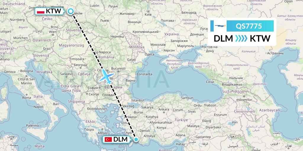 QS7775 Smartwings Flight Map: Dalaman to Katowice