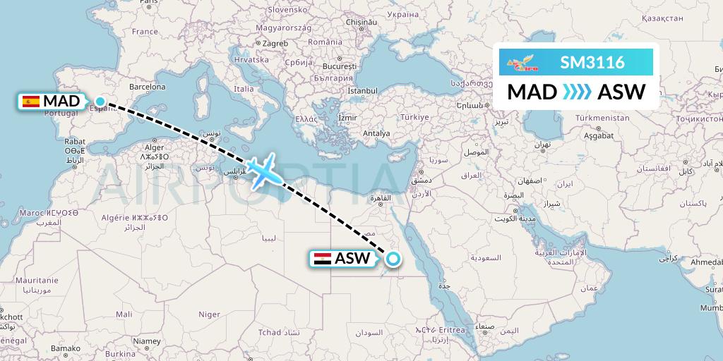SM3116 Air Cairo Flight Map: Madrid to Aswan