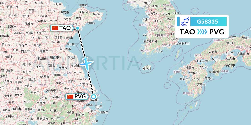 G58335 China Express Airlines Flight Map: Qingdao to Shanghai