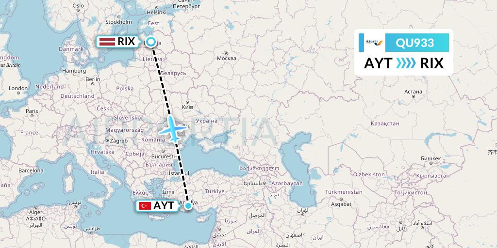 QU933 Azur Air Ukraine Flight Map: Antalya to Riga