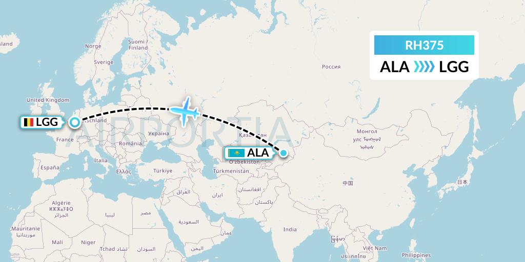 RH375 Republic Express Airlines Flight Map: Almaty to Liege