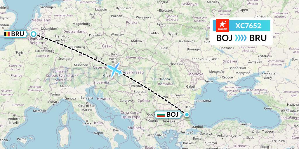 XC7652 Corendon Airlines Flight Map: Burgas to Brussels