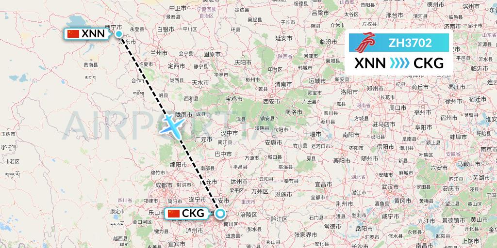 ZH3702 Shenzhen Airlines Flight Map: Xining to Chongqing