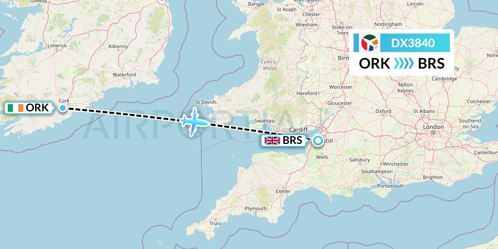 DX3840 Danish Air Transport Flight Map: Cork to Bristol