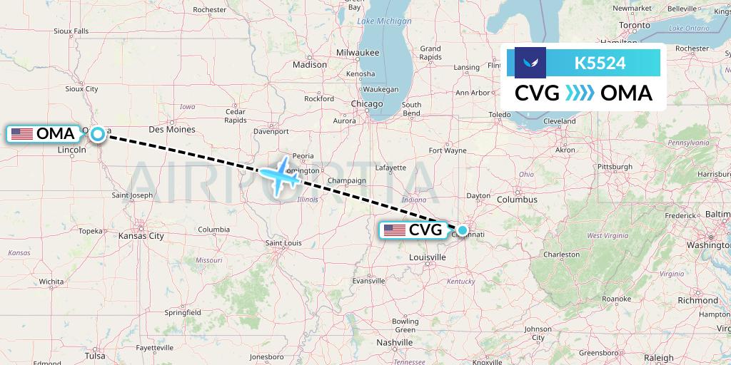 K5524 SeaPort Airlines Flight Map: Cincinnati to Omaha