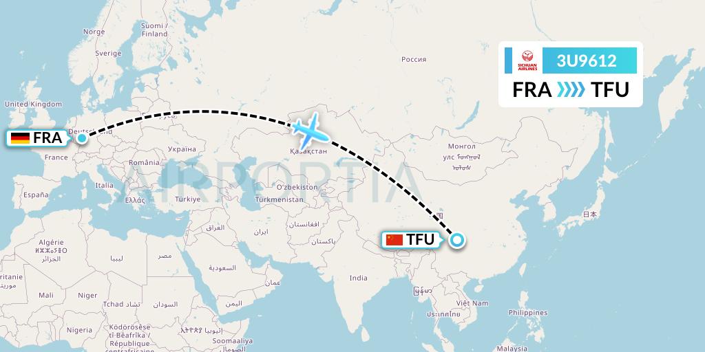 3U9612 Sichuan Airlines Flight Map: Frankfurt to Chengdu