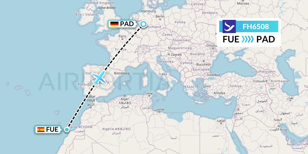 FH6508 Freebird Airlines Flight Map: Fuerteventura to Paderborn