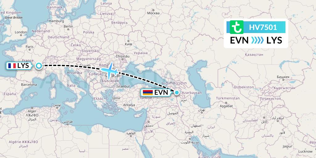 HV7501 Transavia Flight Map: Yerevan to Lyon