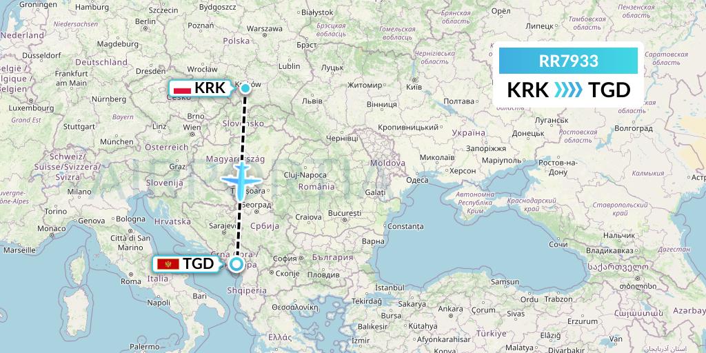 RR7933 Royal Air Force Flight Map: Krakow to Podgorica