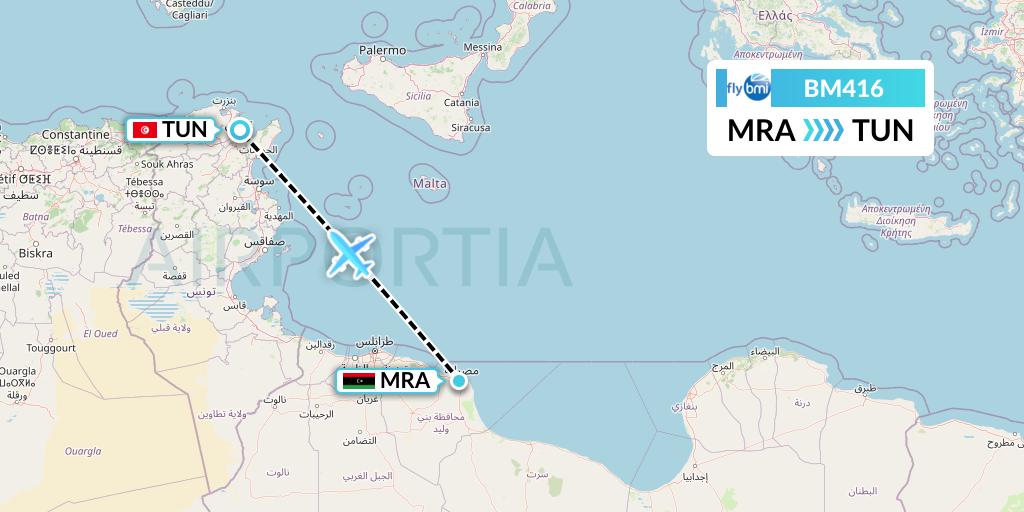 BM416 BMI Regional Flight Map: Misrata to Tunis