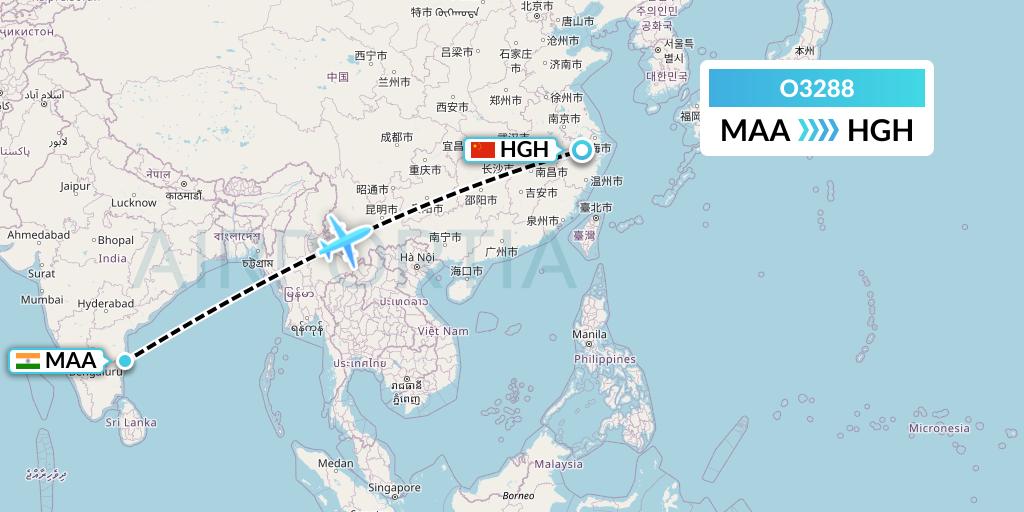 O3288 SF Airlines Flight Map: Chennai to Hangzhou