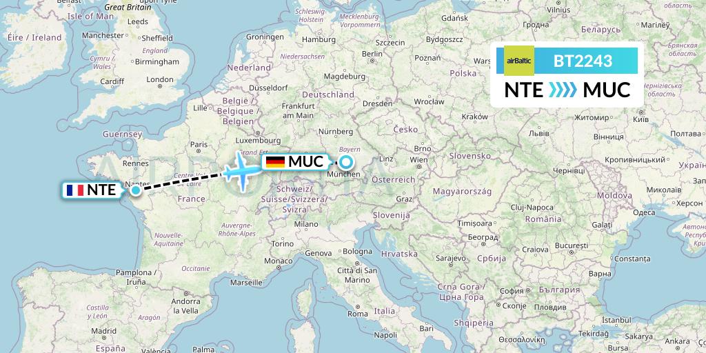 BT2243 Air Baltic Flight Map: Nantes to Munich