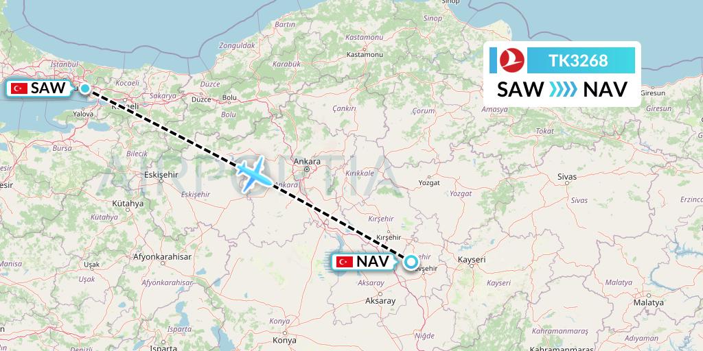 TK3268 Turkish Airlines Flight Map: Istanbul to Nevsehir