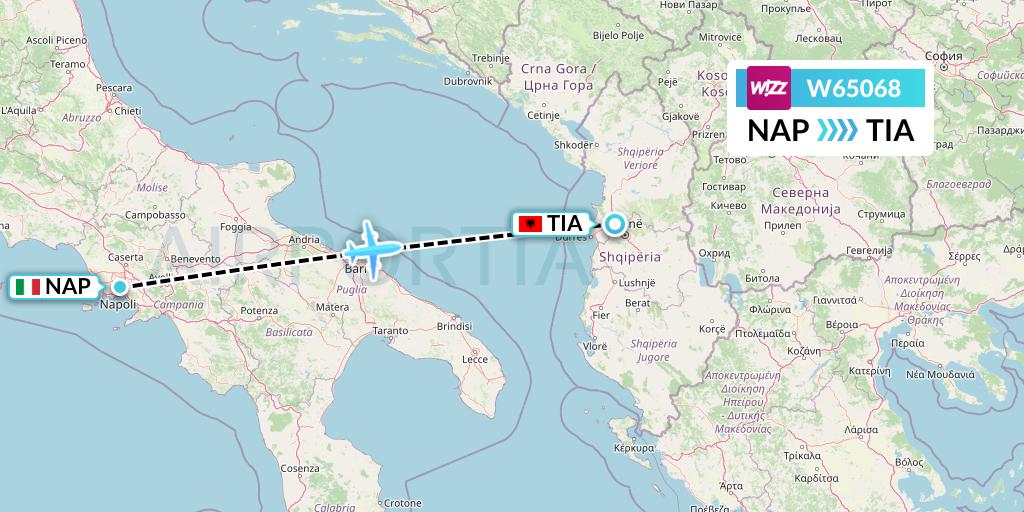 W65068 Wizz Air Flight Map: Naples to Tirana
