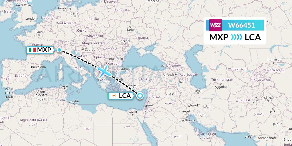 W66451 Wizz Air Flight Map: Milan to Larnaca