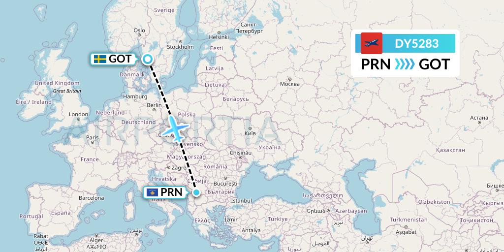 DY5283 Norwegian Flight Map: Pristina to Gothenburg