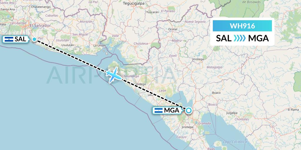 WH916 West African Airlines Flight Map: San Salvador to Managua